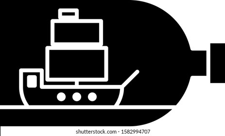 Black Glass bottle with ship inside icon isolated on white background. Miniature model of marine vessel. Hobby and sea theme.  Vector Illustration