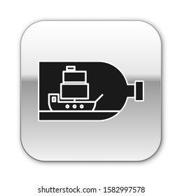 Black Glass bottle with ship inside icon isolated on white background. Miniature model of marine vessel. Hobby and sea theme. Silver square button. Vector Illustration