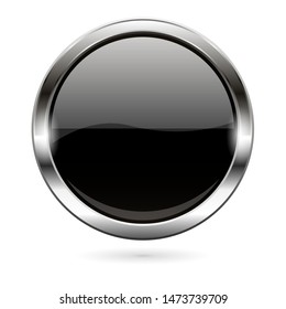 Black glass button. 3d shiny round icon. Vector illustration isolated on white background