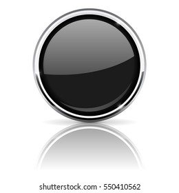 Black glass button with chrome frame. Vector 3d illustration isolated on white background.