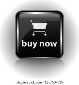 Black glass button in a metal case with an image of a consumer basket, buy now text, vector illustration for websites and web stores.