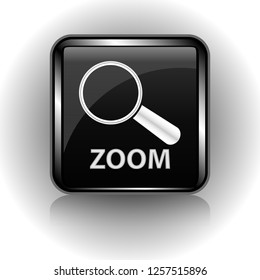Black glass button in a metal case with a magnifying glass, magnifying glass, zoom inscription, vector illustration for websites and web stores.