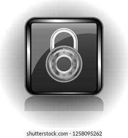 Black glass button in a metal case with an image of a combination lock, vector illustration for websites and web stores, games. Button, lock symbol.
