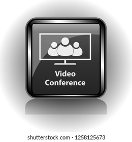 Black glass button in a metal case with the image of a compiler, a group of people, the inscription video conference, vector illustration for websites and web stores, distance learning, communication.