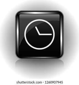 Black glass button in a metal case with an image of a clock, vector illustration for websites and web stores, games. Button, time symbol.