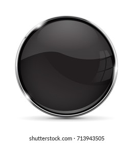 Black glass button with metal frame. Round 3d icon. Vector illustration isolated on white background