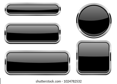 Black glass buttons with chrome frame. Vector 3d illustration isolated on white background