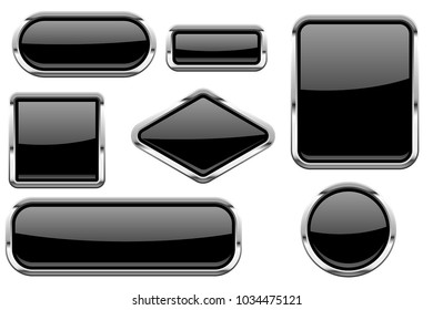 Black glass buttons with chrome frame. Colored set of shiny 3d web icons. Vector illustration isolated on white background