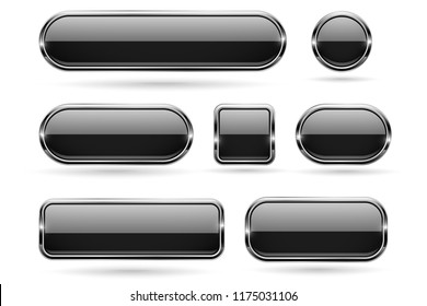 Black glass buttons with chrome frame. 3d icons. Vector illustration isolated on white background