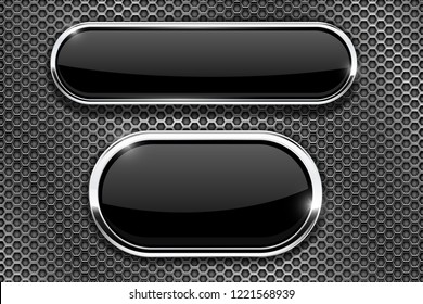 Black glass buttons with chrome frame. On metal perforated texture. Vector 3d illustration