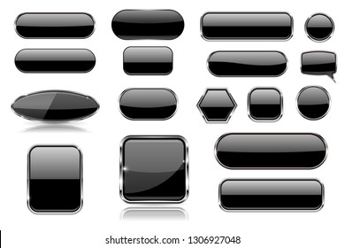 Black glass buttons. Collection of 3d icons. Vector illustration isolated on white background