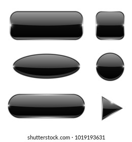 Black glass buttons. Collection of shaped icons. Vector 3d illustration isolated on white background