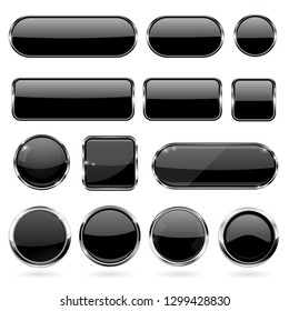 Black glass buttons with metal frame. Collection of 3d icons. Vector illustration isolated on white background