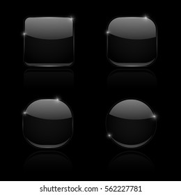 Black Glass Buttons. Round And Square Shiny 3d Icons With Reflection. Vector Illustration On Black Background.