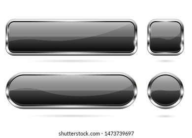 Black glass buttons. Set of 3d shiny icons with chrome frame. Vector illustration isolated on white background