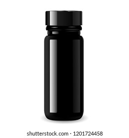 Black glass cosmetic bottle mockup with black glossy lid. Pharmacy package for medical products. High quality eps10 vector illustration.