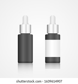 Black glass cosmetic bottle mockup. Cosmetic vials for oil, liquid essential, serum. Mockup vector isolated. Template design. Realistic vector illustration.