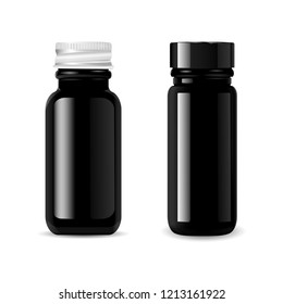 Black glass cosmetic bottles mockup set with black glossy and metallic lids. Pharmacy package for medical products. High quality eps10 vector illustration.
