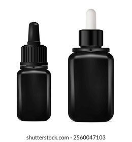 Black glass cosmetic serum dropper bottle set. Pipette jar vector mockup. Essential oil drop vial. Collagen essence eyedropper bottle, realistic template blank. Eye or face skin care