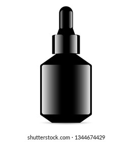Black Glass Dropper Bottle. Luxury Medical Aroma Oil Vial. Serum Container Cylinder with Eye Drop. Vector Mock Up Isolated on White Background. Realistic Beauty Flask For Face Hygiene.