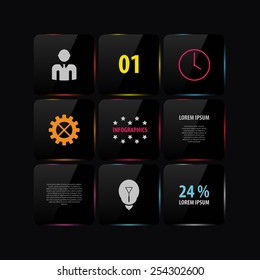 Black glass infographic template design. Vector