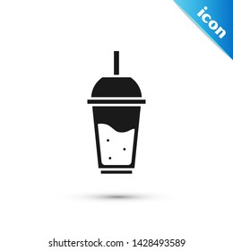 Black Glass of lemonade with drinking straw icon isolated on white background.  Vector Illustration