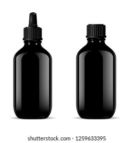 Black Glass Medical Bottles Set. Dropper Mockup. Screw Lid Flask with Pipette for Pharmaceutical Product Syrup, Oil, Nasal Liquid, Essence. Pharmacy Jar Vector 3d Realistic Package Eyedropper Cap.