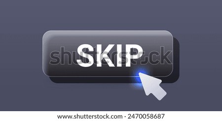 Black glass morphism skip button and arrow cursor on dark background. 3D vector illustration