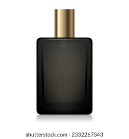 Black glass perfume bottle mockup with golden spray and cap. 3d vector square shape bottle for fragrance. Packaging for beauty product. Elegant cosmetic bottle. Realistic bottle mockup template svg