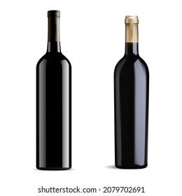 Black Glass Red Wine Bottle Vector Mockup, Isolated On White Background. Two Bottles Of Burgundy Wine Design, Elegant Winery Product Design. Dark Glass Merlot Bottle, Dining Alcohol Drink