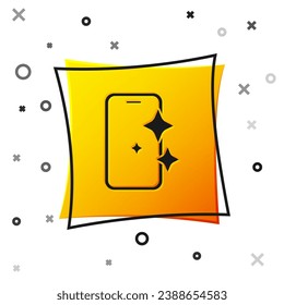Protector de pantalla de cristal negro para el icono del smartphone aislado en fondo blanco. Película protectora para vidrio. Vidrio suave transparente para teléfono móvil. Botón cuadrado amarillo. Vector