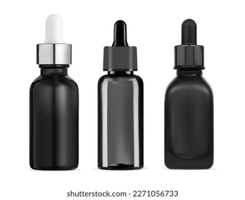 Black glass serum dropper bottle. Cosmetic oil pipette drop container, beauty product vial. Eyedropper flask for collagen essence, vector design. Natural face treatment realistic bottle