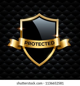 Black glass shield with golden frame and golden ribbon with Protected word isolated on black background. Vector design element.