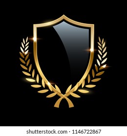 Black glass shield with golden frame and golden laurel wreath isolated on black background. Vector design element.