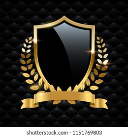 Black glass shield with golden frame, golden laurel wreath and golden ribbon isolated on black background. Vector design element.