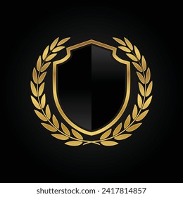 Black glass shield with golden frame, golden laurel wreath and golden ribbon isolated on black background. Vector design element