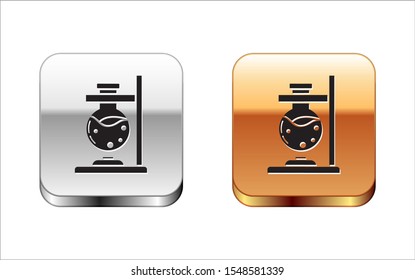 Black Glass test tube flask on fire heater experiment icon isolated on white background. Laboratory equipment. Silver-gold square button. Vector Illustration