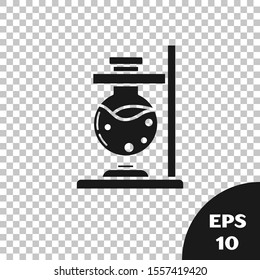 Black Glass test tube flask on fire heater experiment icon isolated on transparent background. Laboratory equipment.  Vector Illustration