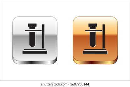 Black Glass test tube flask on stand icon isolated on white background. Laboratory equipment. Silver-gold square button. Vector Illustration