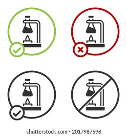 Black Glass test tube flask on fire heater experiment icon isolated on white background. Laboratory equipment. Circle button. Vector
