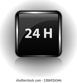 Black glass touch button in metal case with the image of the inscription 24 H, vector illustration for websites and web stores, games. Technical support.
