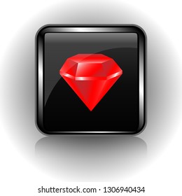 Black glass touch button in a metal case with an image of a red ruby precious stone, vector illustration for websites and web stores, games. Technical support.