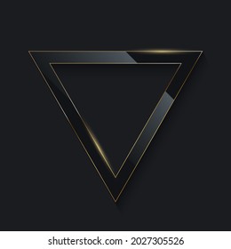 Black glass triangle with golden frame lines on dark background. Geometric design vector illustration. Empty minimal border, abstract art decoration.