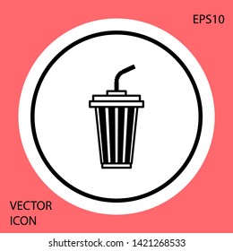 Black Glass with water icon isolated on red background. Soda drink glass with drinking straw. Fresh cold beverage symbol. White circle button. Vector Illustration