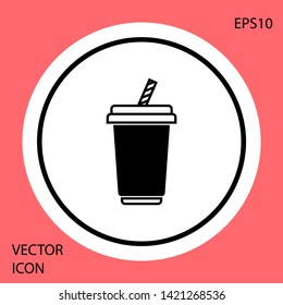 Black Glass with water icon isolated on red background. Soda drink glass with drinking straw. Fresh cold beverage symbol. White circle button. Vector Illustration