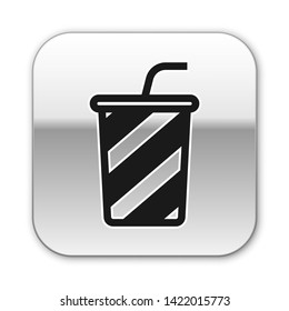 Black Glass with water icon isolated on white background. Soda drink glass with drinking straw. Fresh cold beverage symbol. Silver square button. Vector Illustration