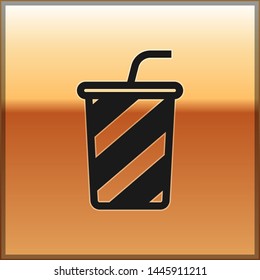 Black Glass with water icon isolated on gold background. Soda drink glass with drinking straw. Fresh cold beverage symbol. Vector Illustration