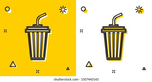 Black Glass with water icon isolated on yellow and white background. Soda drink glass with drinking straw. Fresh cold beverage symbol. Random dynamic shapes. Vector Illustration