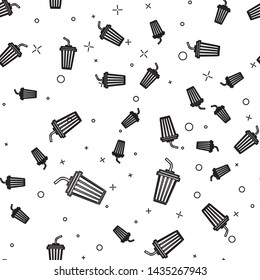 Black Glass with water line icon isolated seamless pattern on white background. Soda drink glass with drinking straw. Fresh cold beverage symbol. Vector Illustration