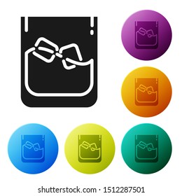 Black Glass of whiskey and ice cubes icon isolated on white background. Set icons colorful circle buttons. Vector Illustration